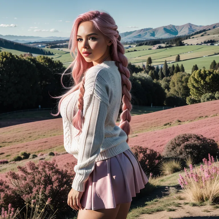 <lora:White4:0.4>,white people,woman,elder,long hair,braided,pink hair,beautiful,seductive,huge breasts,huge ass,fat,Pink sweater,Pink mini skirt,(meadow:1.2),from side,full body,(adult:1.5)