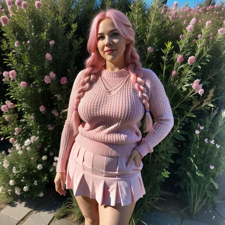 <lora:White4:0.4>,white people,woman,elder,long hair,braided,pink hair,beautiful,seductive,huge breasts,fat,Pink sweater,Pink mini skirt,(meadow:1.2),full body,(adult:1.5)