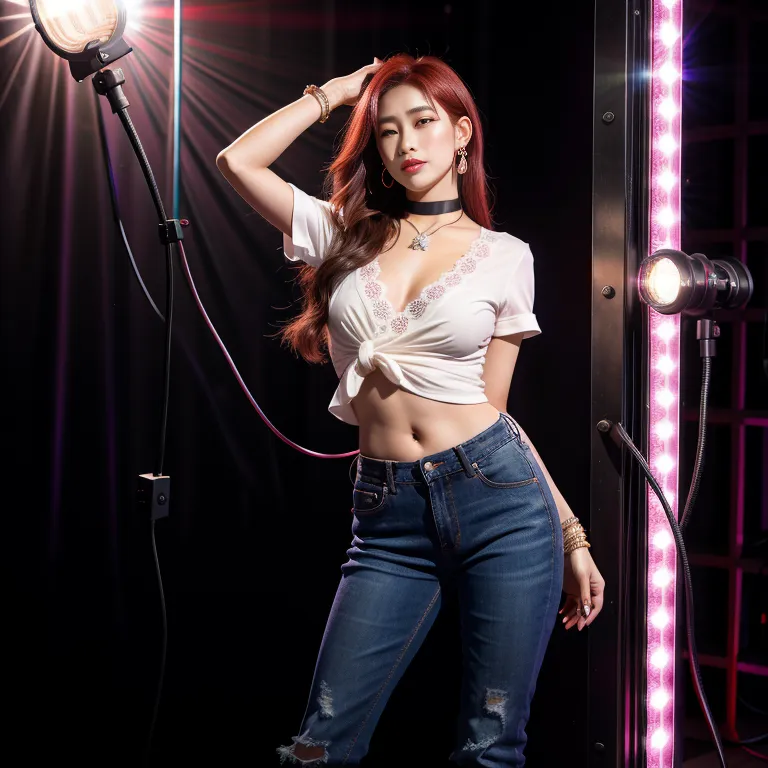 <lora:Korean5e-51e-4:0.5>,korean,kpop idol,woman,twenties,long hair,straight hair,red hair,hair behind ear,black eyes,beautiful,pouting lips,Looking at viewer,normal breasts,medium ass,perfect body,choker,boots,midriff,earings,(fabric),casual clothing,pink shirt,jeans,standing,night,reception,(rim light:1.5),front view,full body,(adult:1.5)