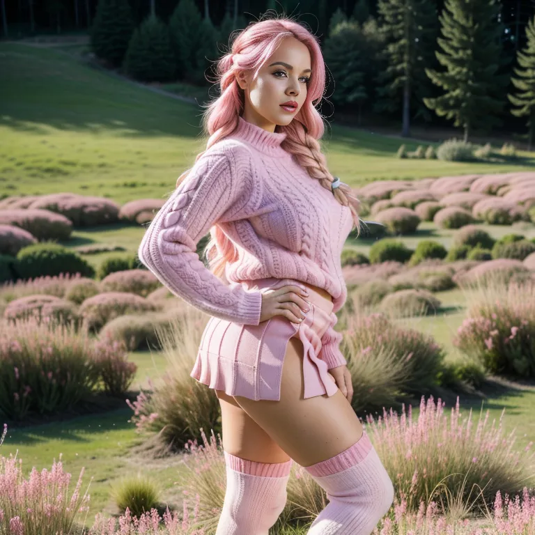 <lora:White4:0.4>,white people,woman,elder,long hair,braided,pink hair,beautiful,seductive,huge breasts,huge ass,fat,high socks,Pink sweater,Pink mini skirt,(meadow:1.2),from side,full body,(adult:1.5)