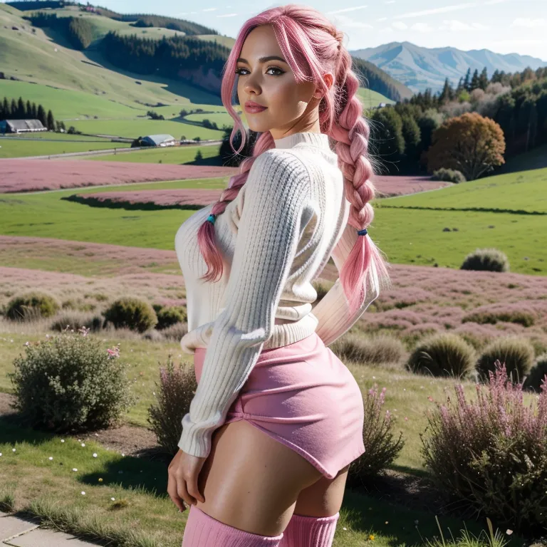 <lora:White4:0.4>,white people,woman,elder,long hair,braided,pink hair,beautiful,seductive,huge breasts,huge ass,fat,thigh socks,Pink sweater,Pink mini skirt,(meadow:1.2),from side,full body,(adult:1.5)