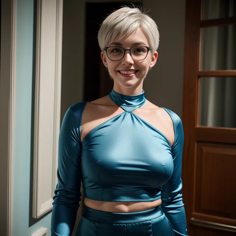 <lora:White_v4:0.3>,white people,woman,elder,(RAW photo, best quality, masterpiece:1.1), (realistic, photo-realistic:1.2), ultra-detailed, ultra high res, physically-based rendering,short hair,pixie cut,white hair,green eyes,beautiful,(smile),Looking at viewer,huge breasts,medium ass,perfect body,choker,silver eyeglasses,stocking,cleavage,(silk),long sleeves,nurse,Blue bra,Blue mini skirt,standing,daytime,sun,wedding,front view,full body,(adult:1.5)