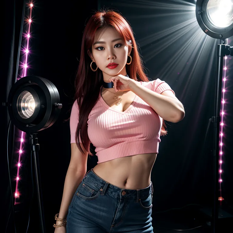 <lora:Korean5e-51e-4:0.5>,korean,kpop idol,woman,twenties,long hair,straight hair,red hair,hair behind ear,black eyes,beautiful,pouting lips,Looking at viewer,normal breasts,medium ass,perfect body,choker,boots,midriff,earings,(fabric),casual clothing,pink shirt,jeans,standing,night,reception,(rim light:1.5),front view,full body,(adult:1.5)