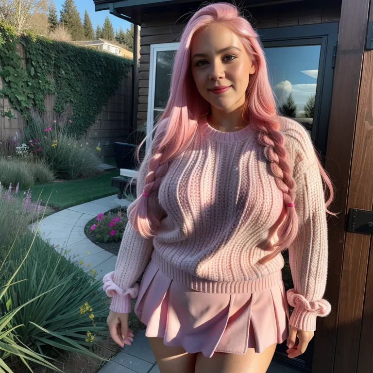 <lora:White4:0.4>,white people,woman,elder,long hair,braided,pink hair,beautiful,seductive,huge breasts,fat,Pink sweater,Pink mini skirt,(meadow:1.2),full body,(adult:1.5)