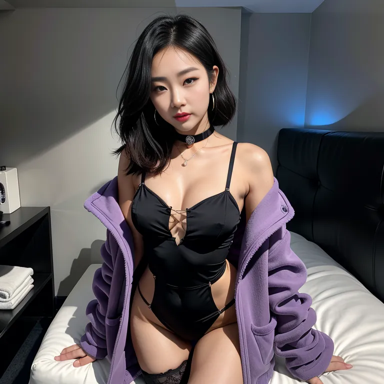 <lora:Korean:0.45>,korean,kpop idol,woman,twenties,short hair,straight hair,black hair,hair behind ear,black eyes,beautiful,pouting lips,Looking at another,normal breasts,medium ass,perfect body,choker,boots,earings,(silk),strapless,Purple coat,thong,standing,night,hotel room,diffuse Lighting,from above,full body,(adult:1.5)