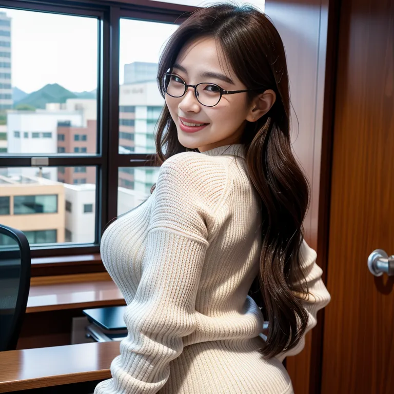 <lora:Korean5e-51e-4:0.5>,korean,kpop idol,woman,twenties,long hair,frizzy hair,hair behind ear,beautiful,(grin:1.2),huge breasts,huge ass,perfect body,black eyeglasses,long sleeves,professor,standing,daytime,office,from side,full body,(adult:1.5)