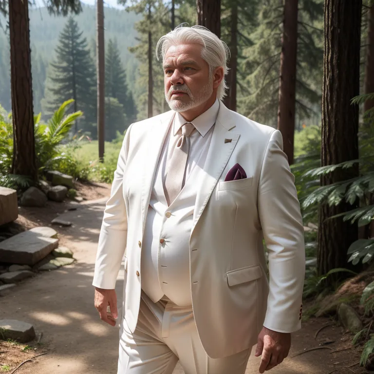 manly man,aging,white hair,bangs,Looking at viewer,fat,(silk),suit,shower,daytime,sun,forest,front view,full body,(adult:1.5)