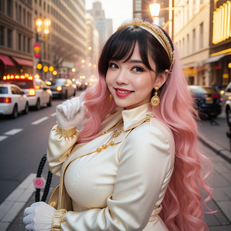 <lora:chinese_4:0.5>,woman,twenties,long hair,curly hair,pink hair,hair behind ear,bangs,black eyes,beautiful,(smile),huge breasts,fat,necklace,gloves,earings,(silk),long sleeves,nude,Yellow coat,having sex, blowjob,(semen:1.2),(city:1.2), street,(rim light:1.5),front view,portrait,(adult:1.5)