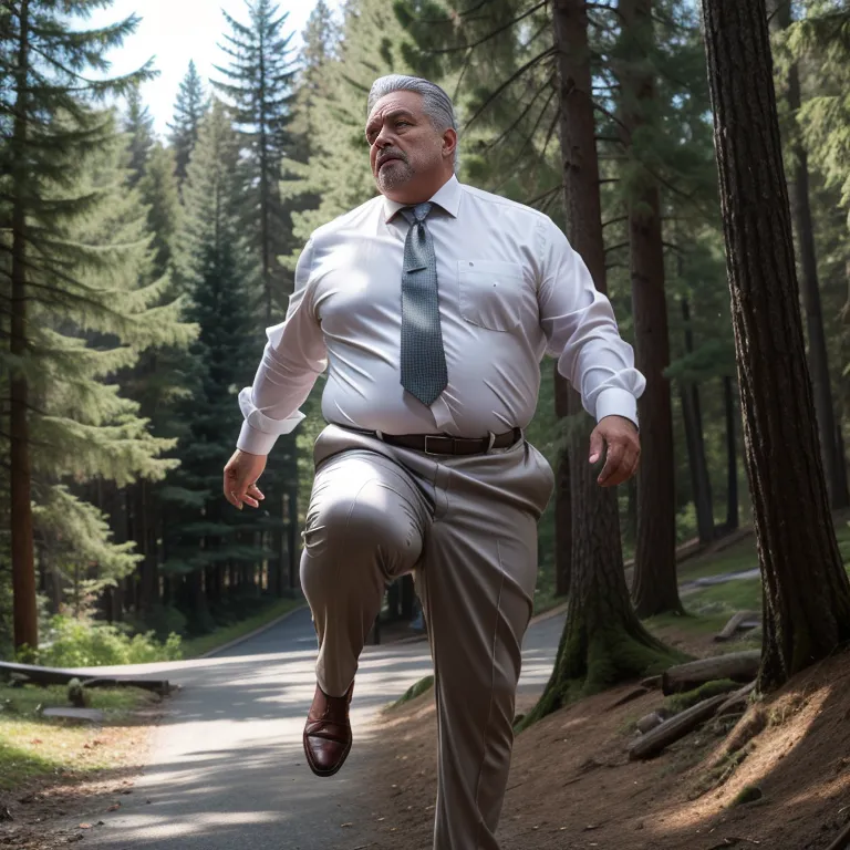 manly man,aging,grey hair,Looking at viewer,fat,stocking,(silk),suit,white shirt,jumping,daytime,sun,forest,diffuse Lighting,from side,full body,(adult:1.5)