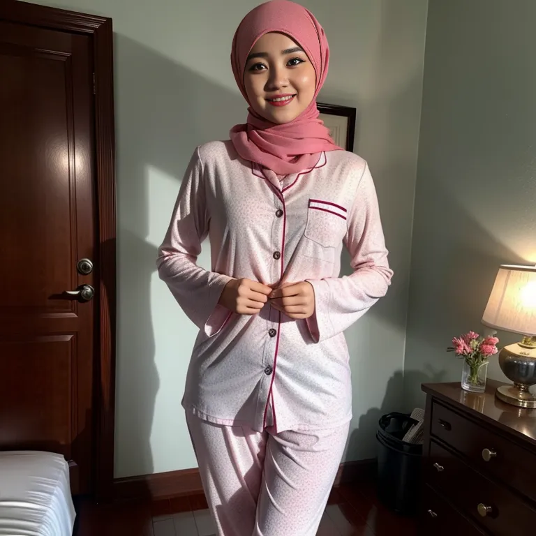 <lora:Chinese3:0.6>,woman,twenties,beautiful,happy,Looking at viewer,perfect body,hijab,pajamas,full body,(adult:1.5)