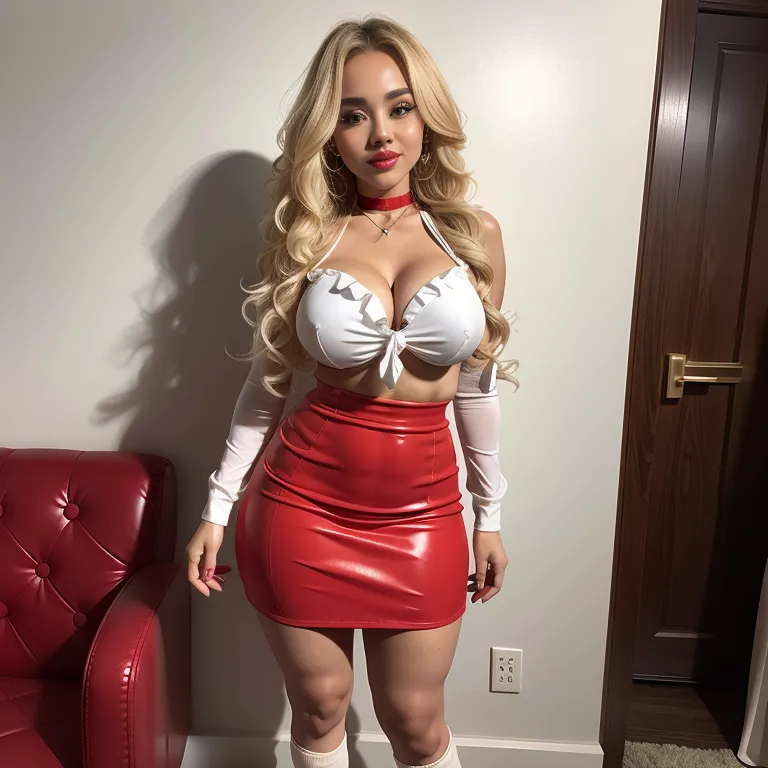 <lora:White3:0.4>,white people,woman,twenties,long hair,curly hair,blonde hair,beautiful,pouting lips,(aegyo sal),huge breasts,choker,stocking,nude,Red mini skirt,front view,full body,(adult:1.5)