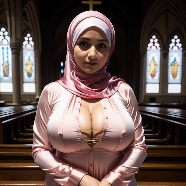 woman,thirties,beautiful,huge breasts,perfect body,hijab,cleavage,(silk),long sleeves,salwar,pink shirt,standing,church,portrait,(adult:1.5)