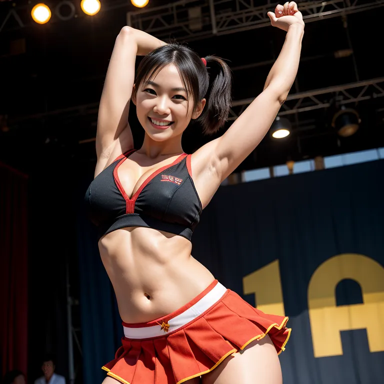 <lora:Japanese2:0.45>, japanese,woman,twenties,short hair,pony tail,black hair,beautiful,(smile),huge breasts,perfect body,abs,cheerleader,micro skirt,jumping,sun,stage,front view,(adult:1.5)