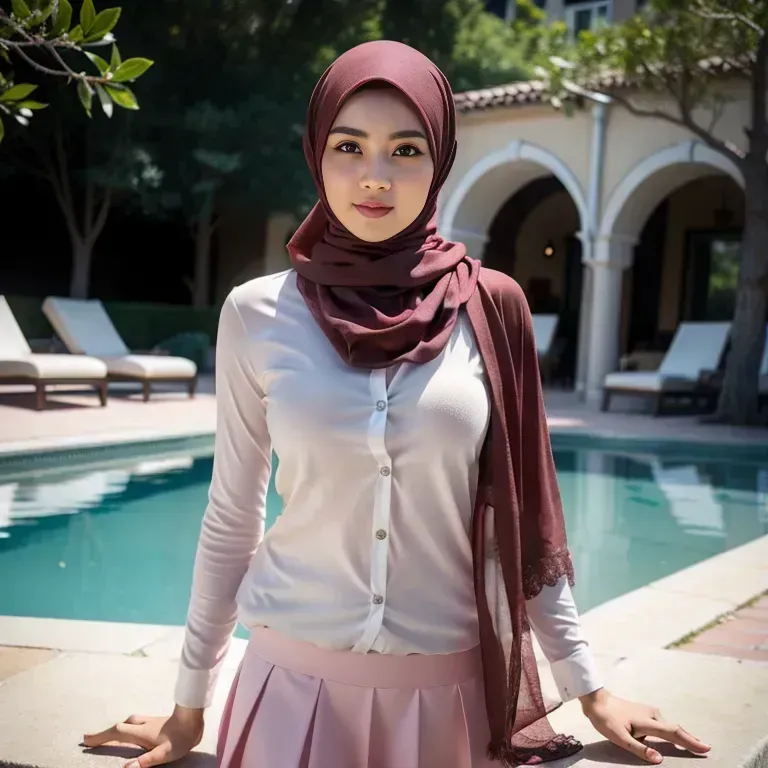 <lora:Chinese3:0.6>,woman,twenties,(RAW photo, best quality, masterpiece:1.1), (realistic, photo-realistic:1.2), ultra-detailed, ultra high res, physically-based rendering,beautiful,seductive,perfect body,(wet:1.1),hijab,casual clothing,white shirt,Pink long skirt,outdoors,full body,(adult:1.5)