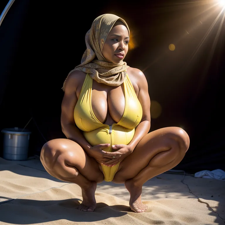 woman,elder,(RAW photo, best quality, masterpiece:1.1), (realistic, photo-realistic:1.2), ultra-detailed, ultra high res, physically-based rendering,bald,(ugly),side eye,huge breasts,huge ass,(tan:1.2),pregnant,hijab,sleeveless,nude,yellow jacket,squatting,daytime,sun,tent,(rim light:1.5),front view,full body,(adult:1.5)