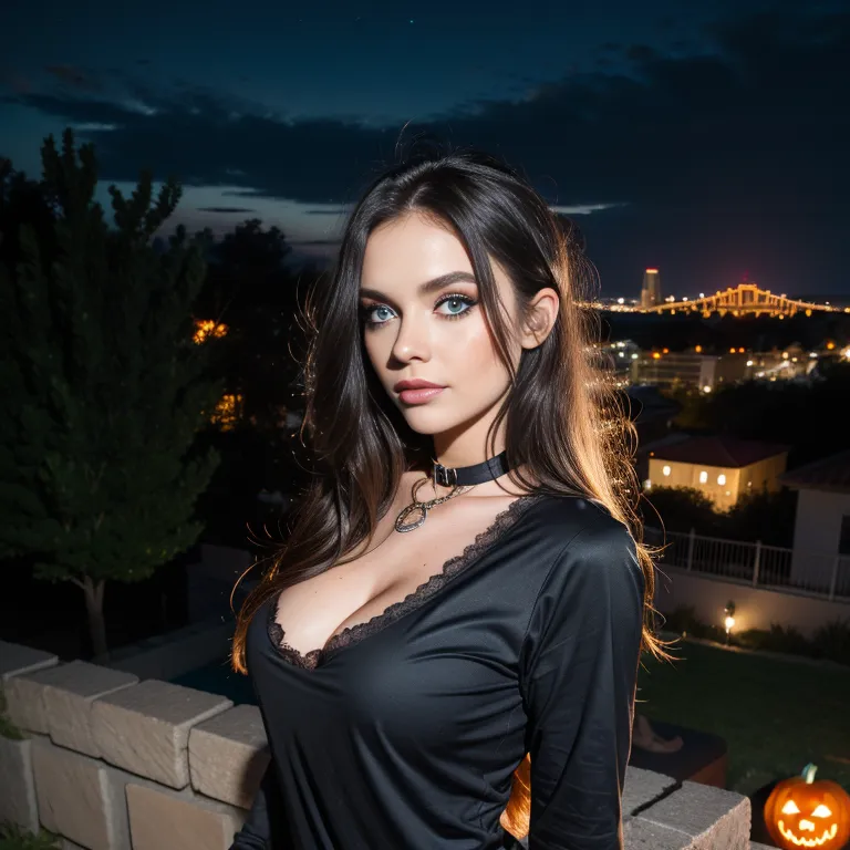 <lora:White4:0.4>,white people,woman,twenties,long hair,messy hair,black hair,blue eyes,beautiful,happy,normal breasts,medium ass,perfect body,collar,halloween costume,tunic,night,outdoors,eyeshadow,taut shirt,(adult:1.5)