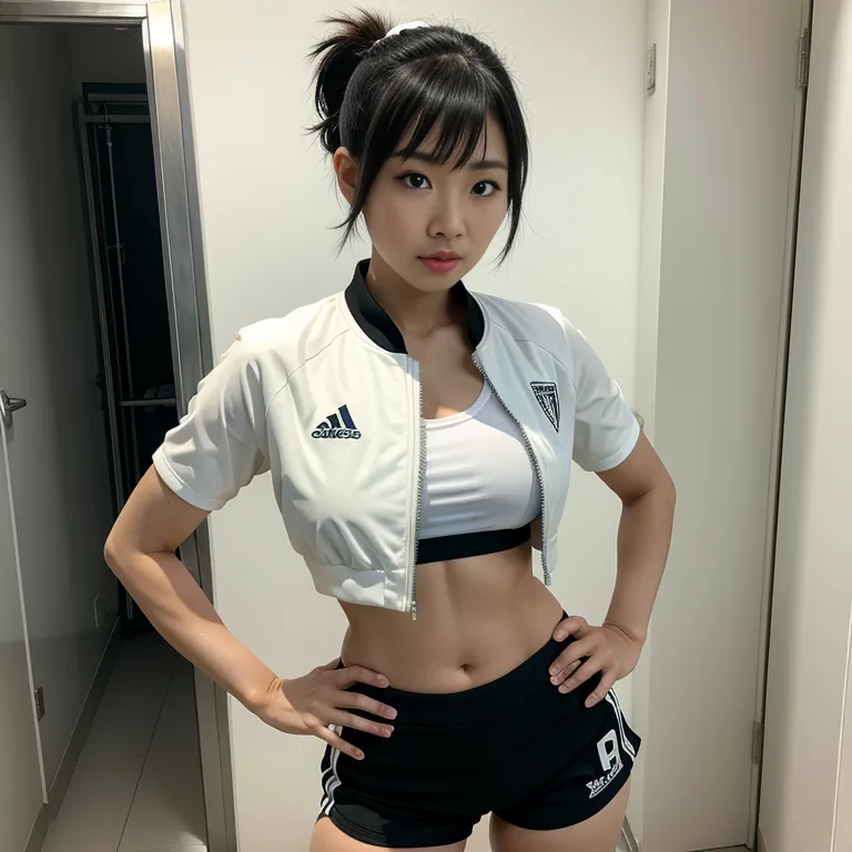 <lora:Japanese2:0.45>, japanese,woman,twenties,short hair,pony tail,black hair,bangs,beautiful,shocked,huge breasts,perfect body,midriff,short sleeves,soccer,sportswear,white jacket,short shorts,standing,(semen:1.2),changing room,front view,(adult:1.5)