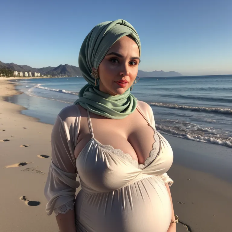 <lora:White_v4:0.3>,white people,woman,elder,updo,grey hair,green eyes,(ugly),pouting lips,huge breasts,huge ass,fat,pregnant,hijab,scarf,cleavage,earings,(silk),nightgown,micro skirt,having sex, blowjob,night,moon,beach,front view,full body,(adult:1.5)