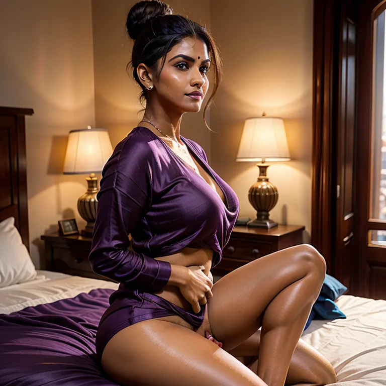 <lora:Indian:0.45>, Indian, brown skin, facial mark,woman,twenties,hair bun,hair behind ear,brown eyes,beautiful,seductive,huge breasts,huge ass,(tan:1.2),(silk),purple shirt,contour leggings,(having sex:1.6),night,on bed,diffuse Lighting,full body,(adult:1.5)