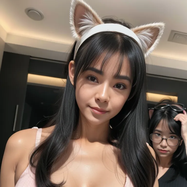 <lora:zh_tw_1:0.7>,(2women:2),twenties,(RAW photo, best quality, masterpiece:1.1), (realistic, photo-realistic:1.2), ultra-detailed, ultra high res, physically-based rendering,long hair,pony tail,black hair,hair behind ear,bangs,huge breasts,huge ass,perfect body,(tan:1.2),(wet:1.1),(cat ears headband, fake animal ears),black eyeglasses,nude,shower,night,(adult:1.5)