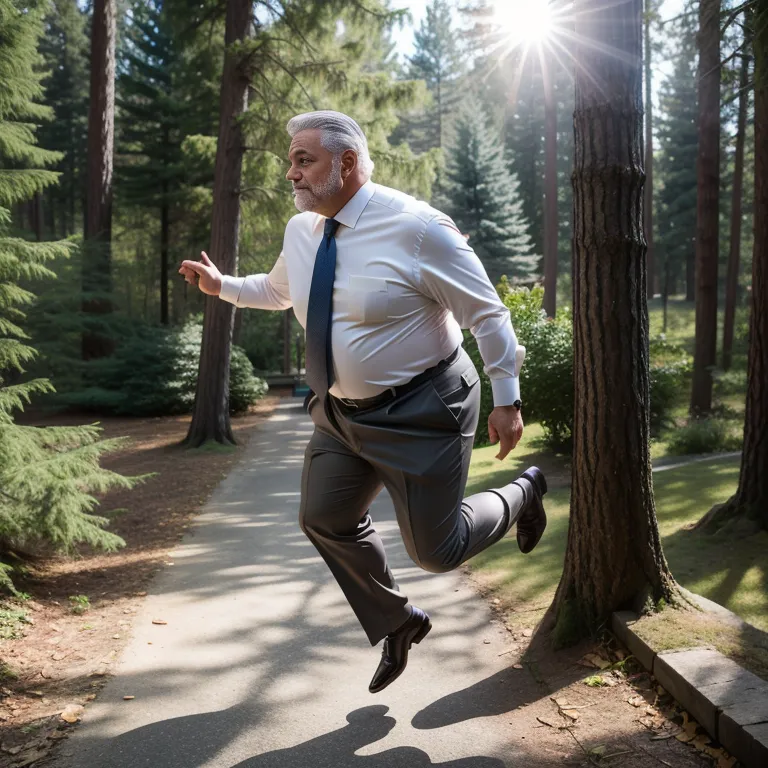 manly man,aging,grey hair,Looking at viewer,fat,stocking,(silk),suit,white shirt,jumping,daytime,sun,forest,diffuse Lighting,from side,full body,(adult:1.5)