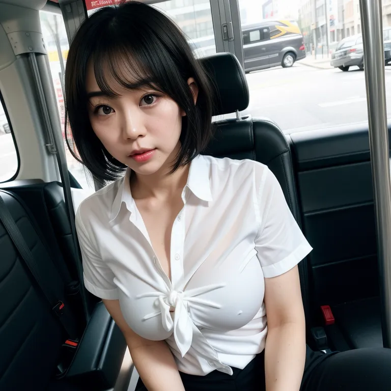 <lora:japanese_m1:0.5>, japanese,woman,twenties,short hair,frizzy hair,black hair,bangs,black eyes,shocked,normal breasts,medium ass,perfect body,tie,(fabric),short sleeves,nude,white shirt,having sex, blowjob,(semen:1.2),daytime,bus,diffuse Lighting,from above,(adult:1.5)