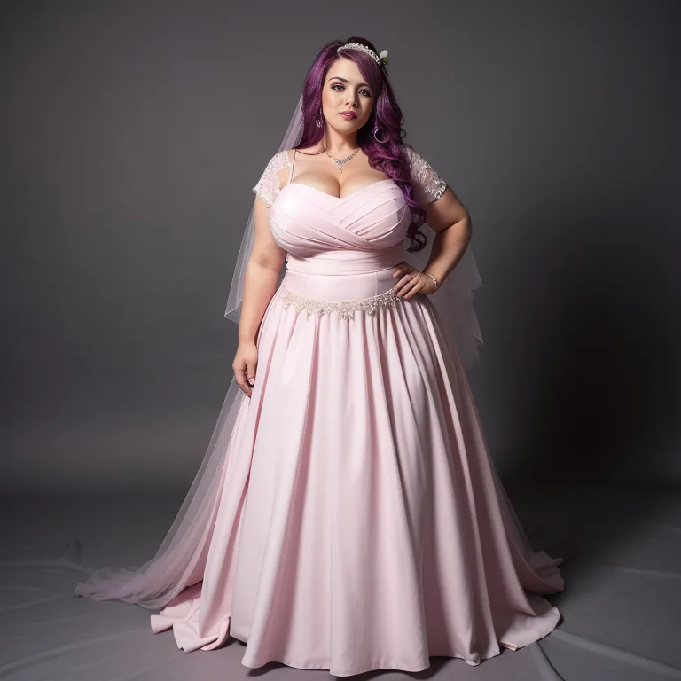 woman,thirties,long hair,curly hair,pink hair,beautiful,sorrow,huge breasts,fat,wedding dress,purple shirt,Purple long skirt,standing,wedding,front view,full body,(adult:1.5)