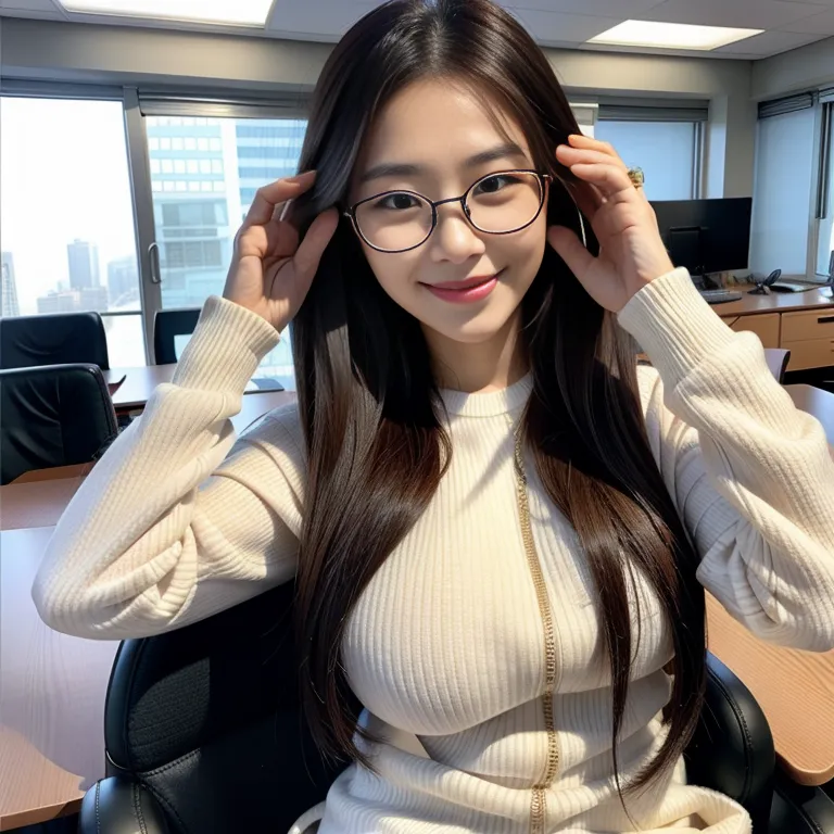 <lora:Korean5e-51e-4:0.5>,korean,kpop idol,woman,twenties,long hair,frizzy hair,hair behind ear,beautiful,(grin:1.2),huge breasts,huge ass,perfect body,black eyeglasses,long sleeves,professor,(hand on own head:1.2),daytime,office,front view,full body,(adult:1.5)