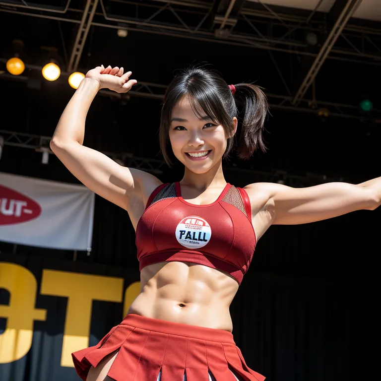 <lora:Japanese2:0.45>, japanese,woman,twenties,short hair,pony tail,black hair,beautiful,(smile),huge breasts,perfect body,abs,cheerleader,micro skirt,jumping,sun,stage,front view,(adult:1.5)