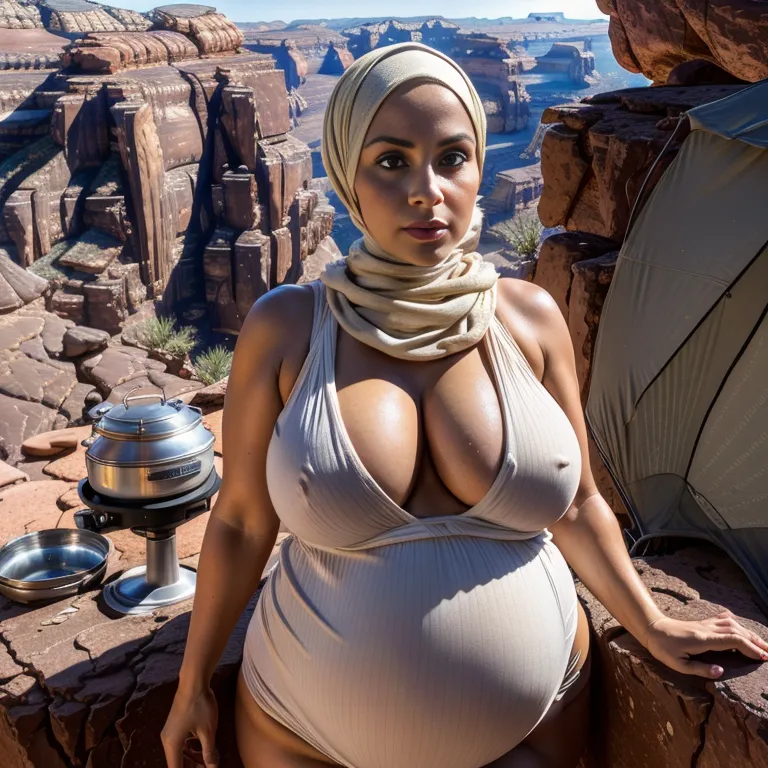 <lora:White5:0.5>, white people,woman,twenties,(RAW photo, best quality, masterpiece:1.1), (realistic, photo-realistic:1.2), ultra-detailed, ultra high res, physically-based rendering,bald,(ugly),sorrow,side eye,huge breasts,huge ass,(tan:1.2),pregnant,hijab,cleavage,sleeveless,nude,cooking,daytime,sun,tent,(rim light:1.5),(adult:1.5)