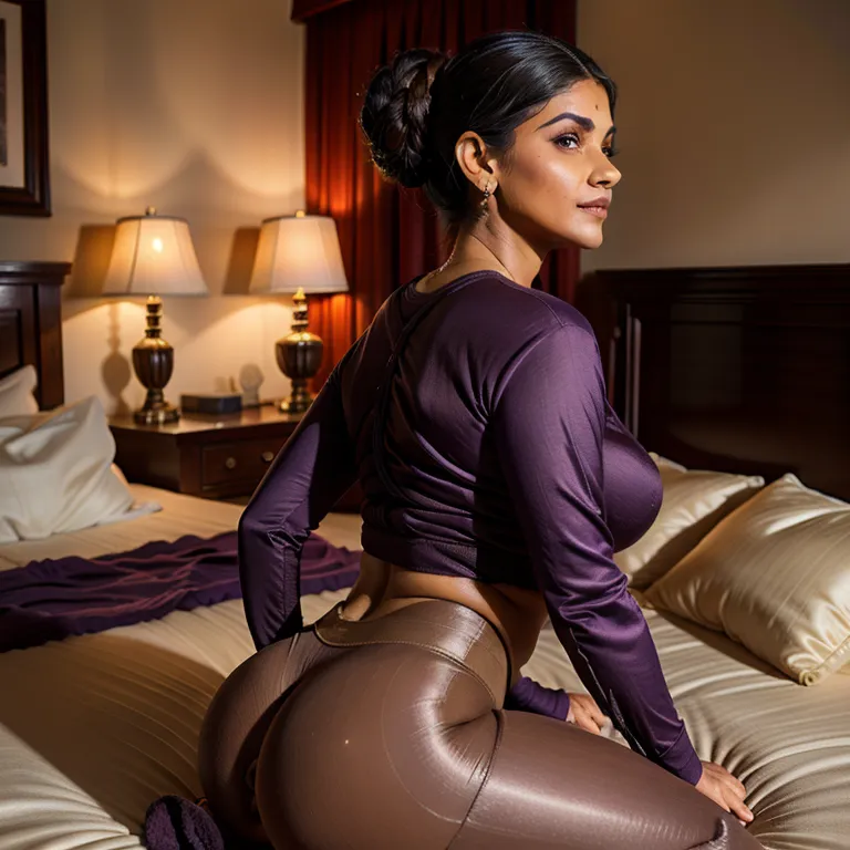 <lora:Indian:0.45>, Indian, brown skin, facial mark,woman,twenties,hair bun,hair behind ear,brown eyes,beautiful,seductive,huge breasts,huge ass,(tan:1.2),(silk),purple shirt,contour leggings,(having sex:1.6),night,on bed,diffuse Lighting,full body,(adult:1.5)