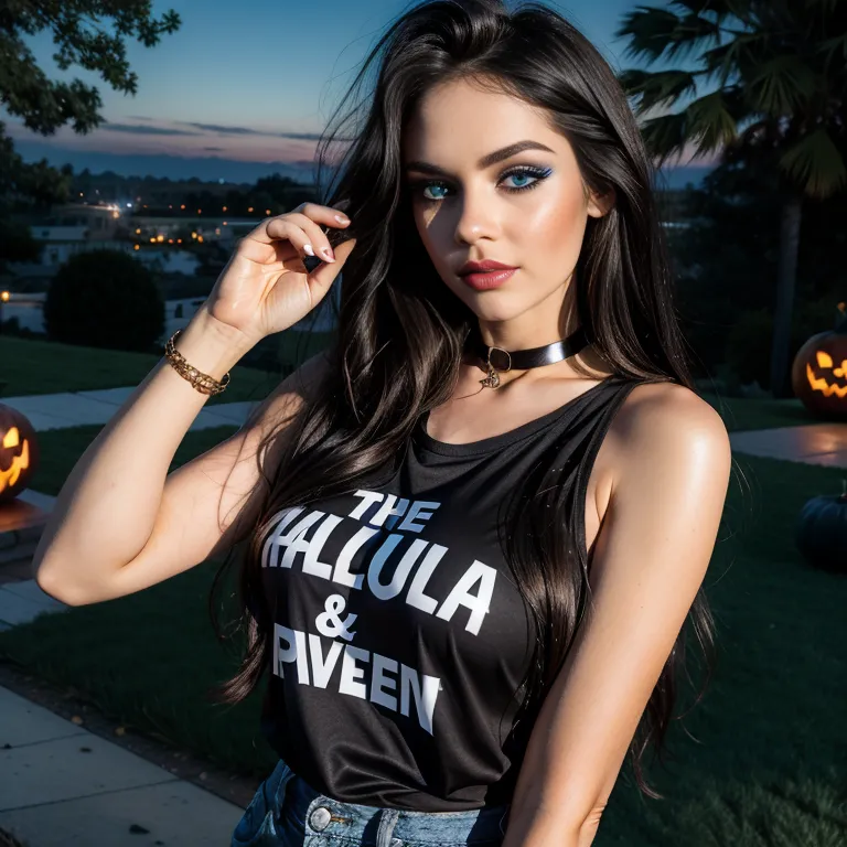 <lora:White4:0.4>,white people,woman,twenties,long hair,messy hair,black hair,blue eyes,beautiful,happy,normal breasts,medium ass,perfect body,collar,halloween costume,night,outdoors,eyeshadow,taut shirt,(adult:1.5)