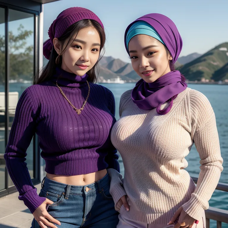 hkgirl, (kpop idol), <lora:HongKong:0.5>,(2women:2),aging,beautiful,happy,huge breasts,perfect body,abs,hijab,nude,Purple sweater,outdoors,(adult:1.5)