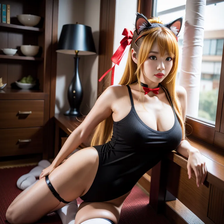 <lora:Japanese5:0.6>, japanese,woman,twenties,long hair,spiralcurl,blonde hair,bangs,red eyes,beautiful,Looking at viewer,huge breasts,medium ass,perfect body,cat ears,(cat ears headband, fake animal ears),(cat ears headband, fake animal ears),choker,high socks,thigh socks,high heels,(silk),fishnet clothing,spread legs,cliff,front view,full body,(adult:1.5)