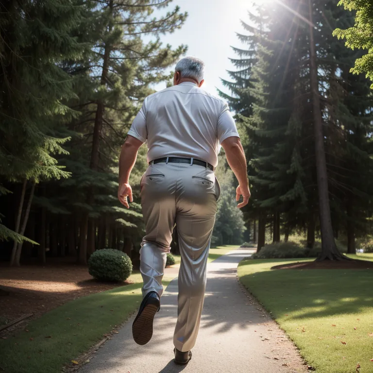 manly man,aging,grey hair,Looking at viewer,fat,stocking,(silk),suit,white shirt,jumping,daytime,sun,forest,diffuse Lighting,from behind,full body,(adult:1.5)