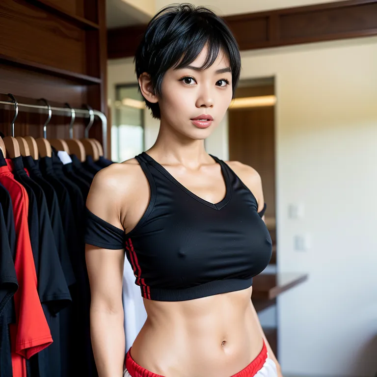 <lora:Japanese2:0.45>, japanese,woman,twenties,short hair,pixie cut,black hair,bangs,beautiful,shocked,huge breasts,perfect body,(tan:1.2),short sleeves,soccer,sportswear,short shorts,(hand on own chest:1.2),sun,changing room,front view,(adult:1.5)