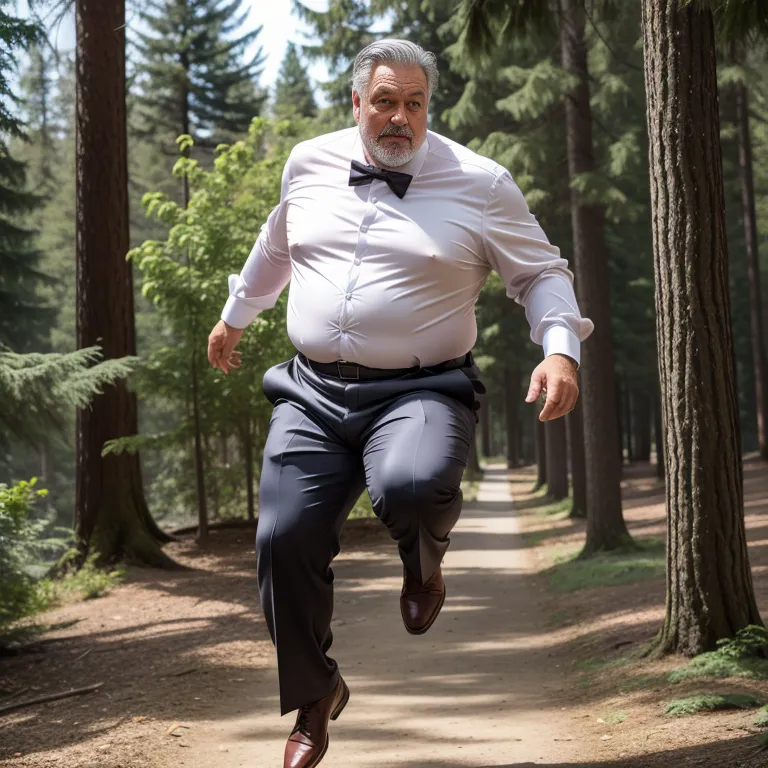 manly man,aging,grey hair,Looking at viewer,fat,stocking,(silk),suit,white shirt,jumping,daytime,sun,forest,diffuse Lighting,front view,full body,(adult:1.5)