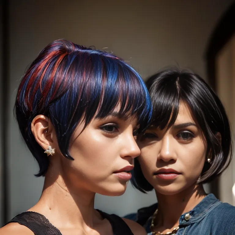 (2women:2),twenties,short hair,bobcut,blue hair,hair behind ear,bangs,(adult:1.5)