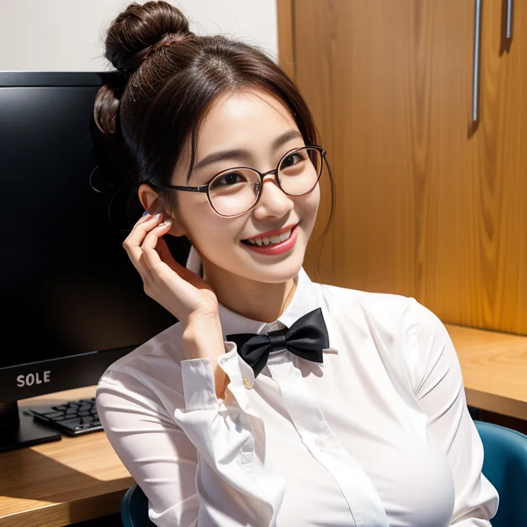 <lora:Korean5e-51e-4:0.5>,korean,kpop idol,woman,twenties,hair bun,hair behind ear,beautiful,(grin:1.2),huge breasts,huge ass,black eyeglasses,long sleeves,professor,(hand on own head:1.2),daytime,office,front view,full body,(adult:1.5)