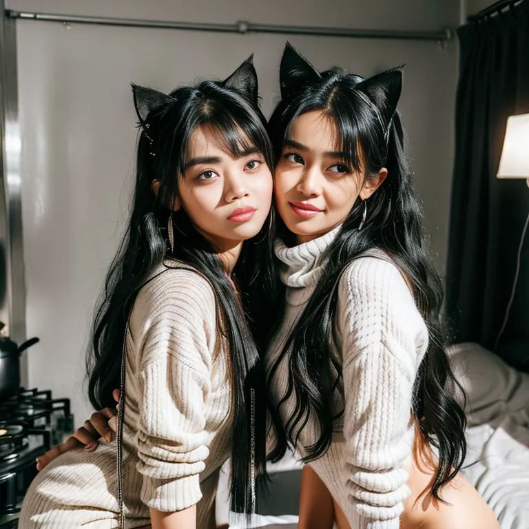 <lora:Chinese3:0.6>,(2women:2),twenties,long hair,messy hair,black hair,hair behind ear,bangs,black eyes,(ugly),shocked,(aegyo sal),Looking at viewer,cat ears,scarf,gloves,boots,earings,nude,cooking,(semen:1.2),daytime,sun,bedroom,front view,full body,(adult:1.5)