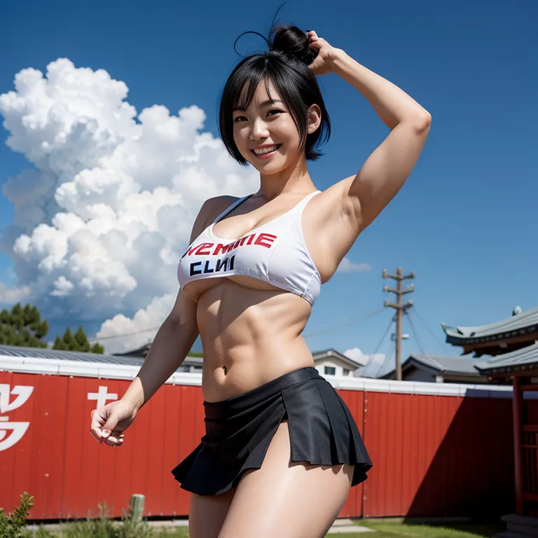 <lora:Japanese2:0.45>, japanese,woman,twenties,short hair,black hair,beautiful,(smile),huge breasts,perfect body,abs,(fabric),cheerleader,micro skirt,jumping,sun,stage,from side,(adult:1.5)