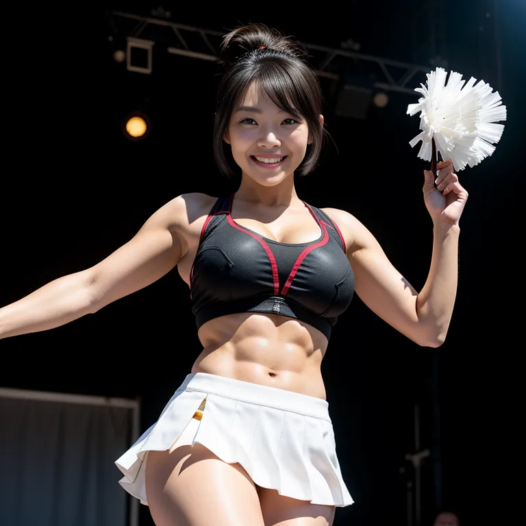 <lora:Japanese2:0.45>, japanese,woman,twenties,short hair,pony tail,black hair,beautiful,(smile),huge breasts,perfect body,abs,cheerleader,micro skirt,jumping,sun,stage,front view,(adult:1.5)