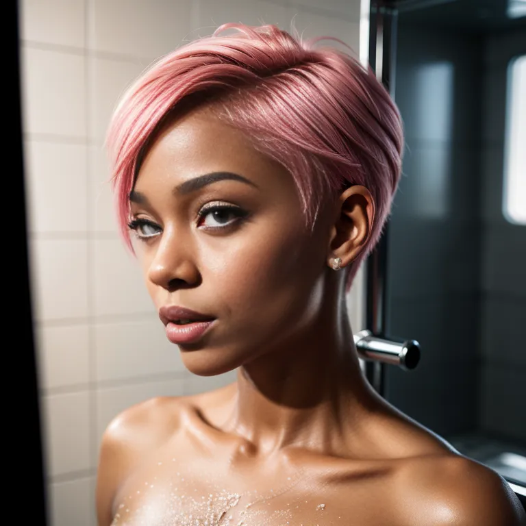 black people, <lora:Black:0.2>,woman,twenties,(RAW photo, best quality, masterpiece:1.1), (realistic, photo-realistic:1.2), ultra-detailed, ultra high res, physically-based rendering,short hair,pixie cut,pink hair,blue eyes,beautiful,seductive,Looking at viewer,perfect body,tattoo,shower,street,front view,(adult:1.5)