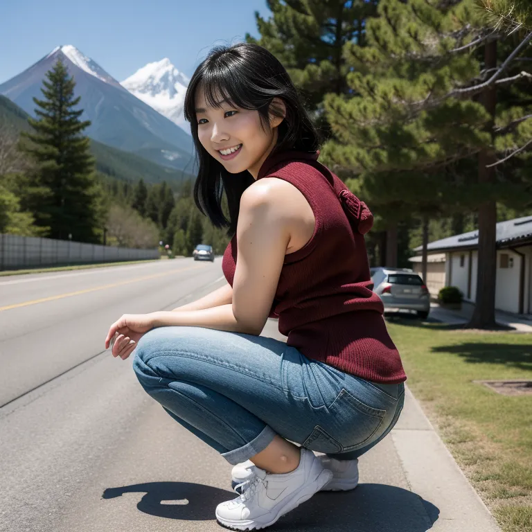 <lora:japanese_m1:0.5>, japanese,(2women:2),twenties,black hair,black eyes,(smile),huge ass,perfect body,squatting,daytime,mountain,full body,(adult:1.5)