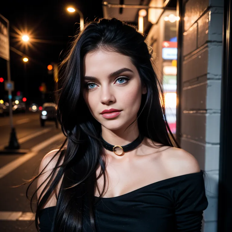 <lora:White2:0.4>,white people,woman,twenties,long hair,messy hair,black hair,blue eyes,beautiful,happy,normal breasts,medium ass,collar,long sleeves,black shirt,public plaza,eyeshadow,bare shoulder,(adult:1.5)