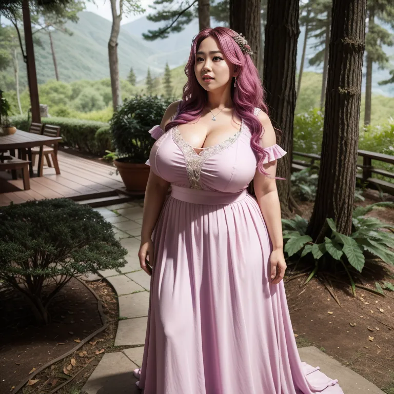 hkgirl, (kpop idol), <lora:HongKong:0.5>,woman,thirties,long hair,curly hair,pink hair,beautiful,sorrow,huge breasts,fat,wedding dress,purple shirt,Purple long skirt,standing,forest,front view,full body,(adult:1.5)