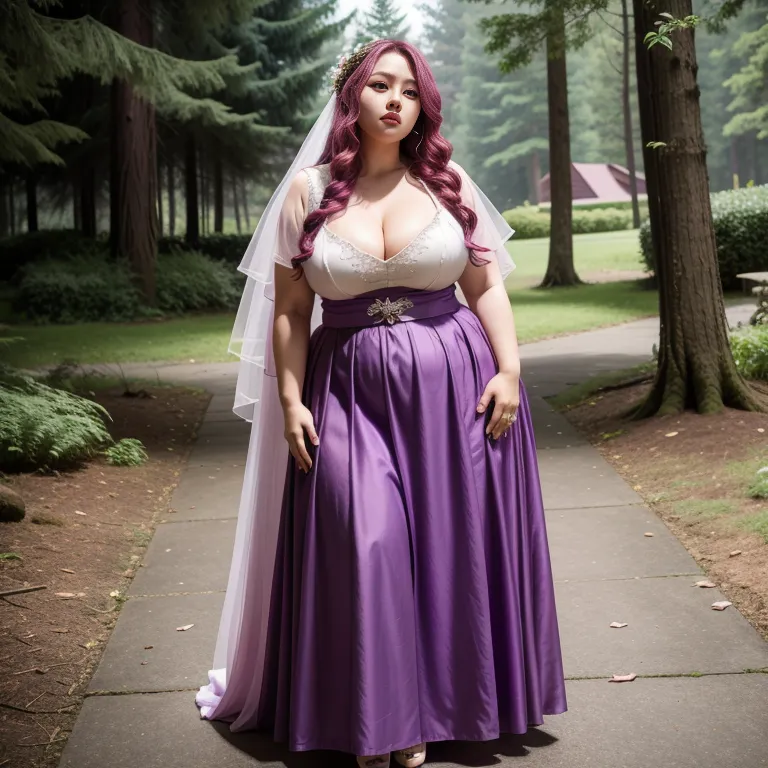 hkgirl, (kpop idol), <lora:HongKong:0.5>,woman,thirties,long hair,curly hair,pink hair,beautiful,sorrow,huge breasts,fat,wedding dress,purple shirt,Purple long skirt,standing,forest,wedding,front view,full body,(adult:1.5)