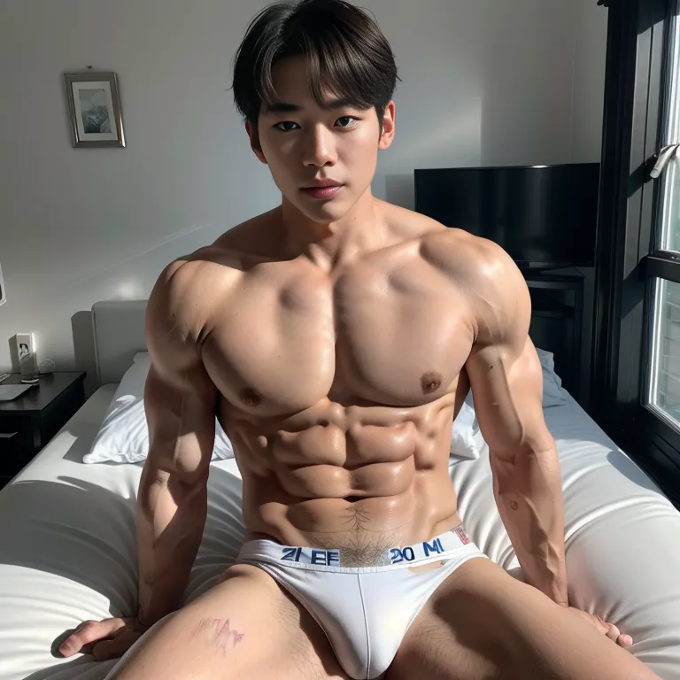 <lora:Korean:0.45>,korean,kpop idol,(2men:2), manly man,twenties,(RAW photo, best quality, masterpiece:1.1), (realistic, photo-realistic:1.2), ultra-detailed, ultra high res, physically-based rendering,blue eyes,beautiful,seductive,huge ass,muscular,abs,nude,White bra,White panties,(hand on own chest:1.2),on bed,front view,full body,(adult:1.5)