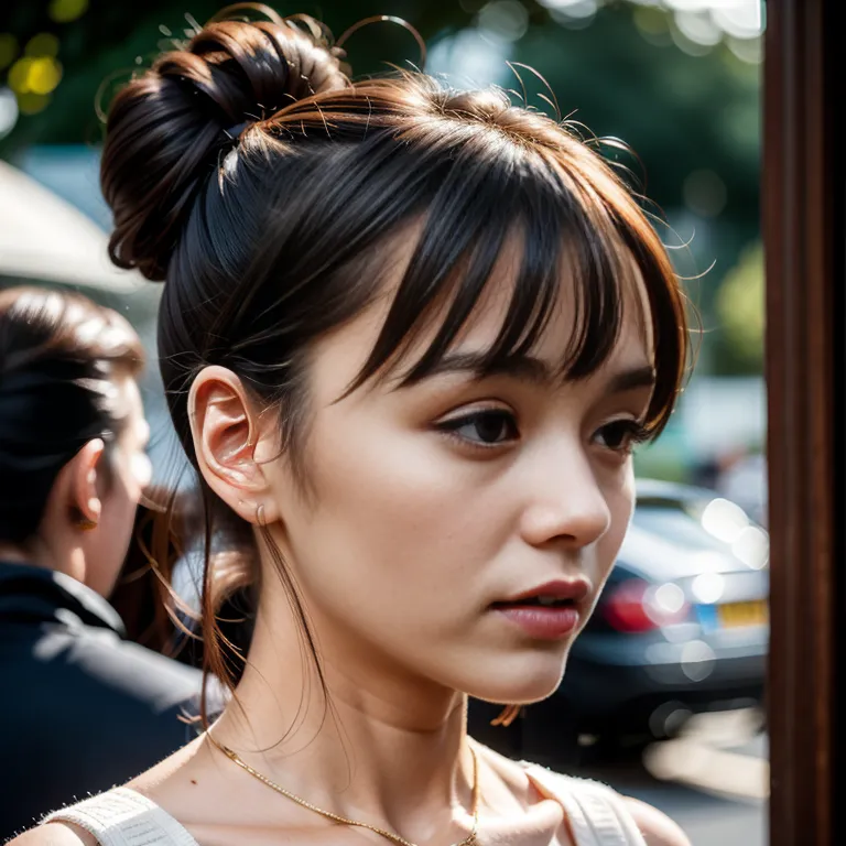 <lora:Chinese6:0.6>,woman,thirties,bun head,hair behind ear,bangs,(adult:1.5)