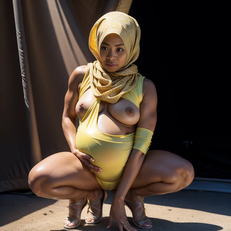 woman,elder,(RAW photo, best quality, masterpiece:1.1), (realistic, photo-realistic:1.2), ultra-detailed, ultra high res, physically-based rendering,bald,(ugly),side eye,huge breasts,huge ass,(tan:1.2),pregnant,hijab,sleeveless,nude,yellow jacket,squatting,daytime,sun,tent,(rim light:1.5),front view,full body,(adult:1.5)